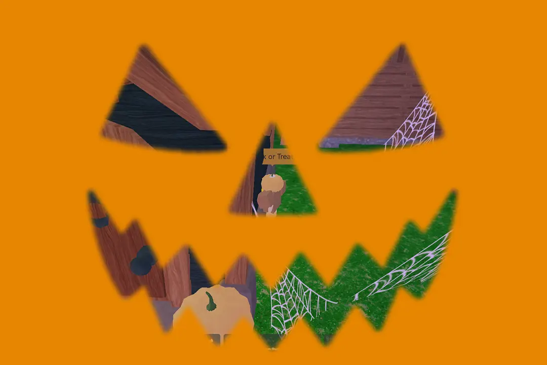 Screen being covered by a pumpkin for a few seconds as a Trick in the 99 Nights in the Forest Halloween update.