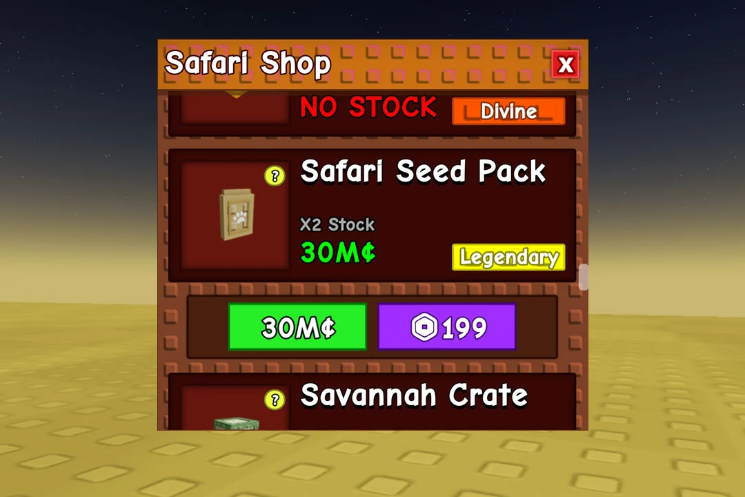 Safari Seed Pack доступен в Safari Shop в Grow a Garden Safari Harvest Event за 30 миллионов Sheckles.