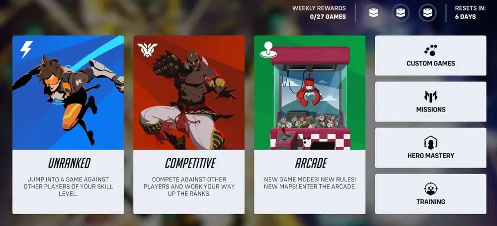 The game mode selection menu in Overwatch 2