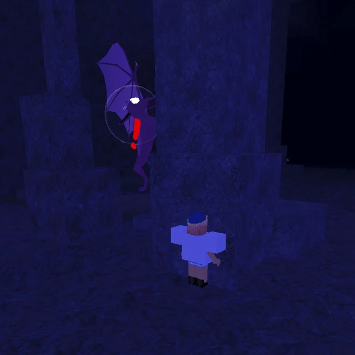 O jogador pode se esconder atrás de uma estrutura ou parede para evitar o ataque do Morcego em 99 Nights in the Forest.