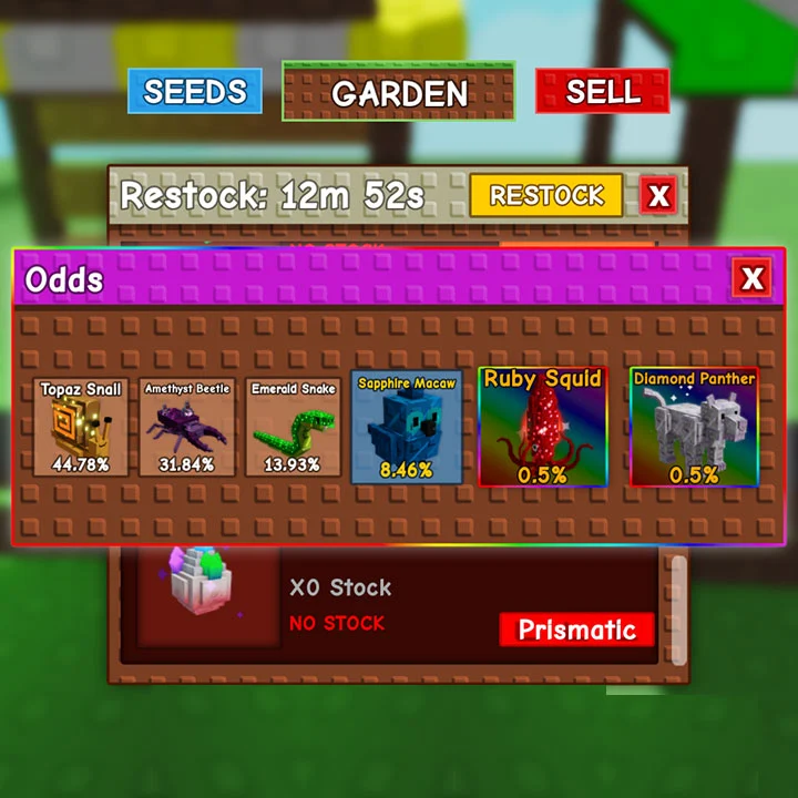 Probability of Pets hatching in the Gem Egg uncluding Topaz Snail,&nbsp;Amethyst Beetle, Emerald Snake,  Sapphire Macaw, Diamond Panther and Ruby Squid.