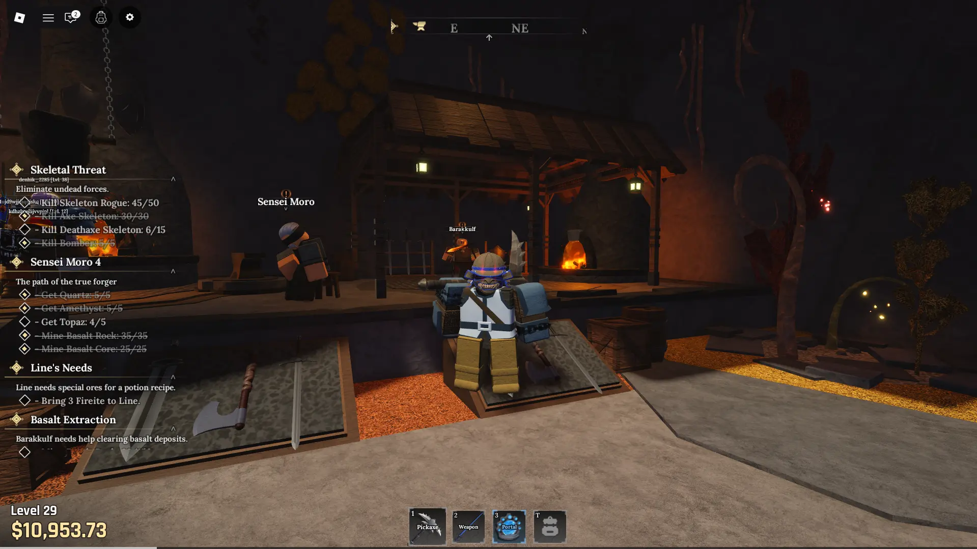 The Forgeでのピッケルと防具を持つキャラクター