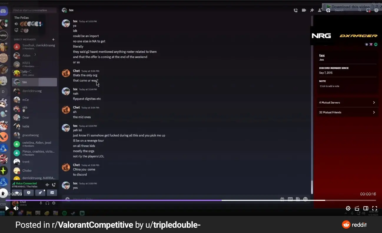 Correspondence between NRG Coach Chet and player tex