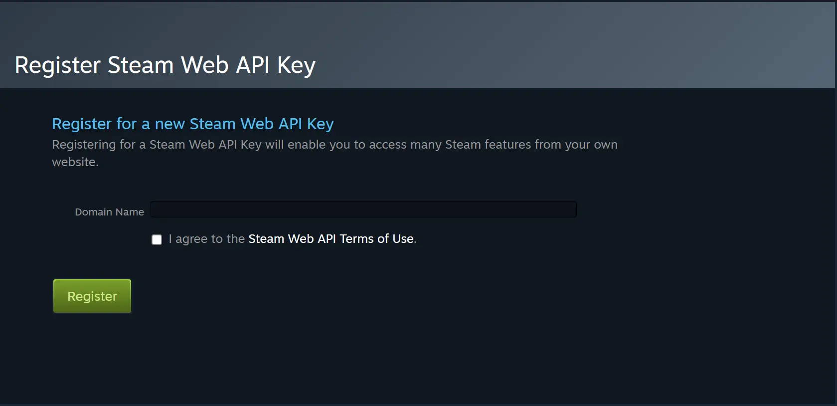 Registrar a chave da API Web do Steam