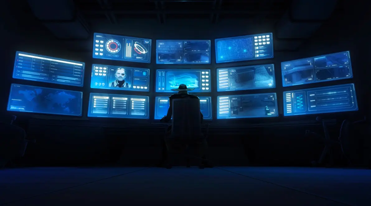 A man sits in front of monitors