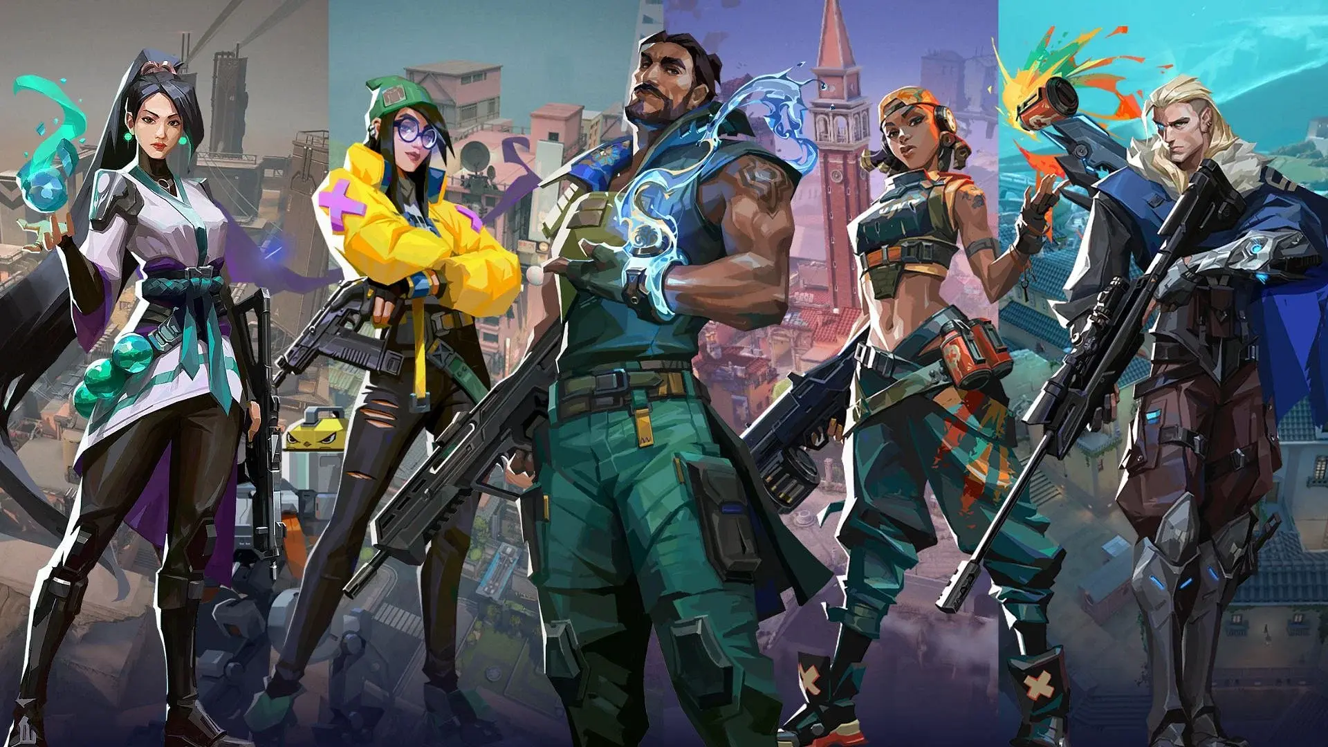 Personagens do jogo Valorant posando juntos