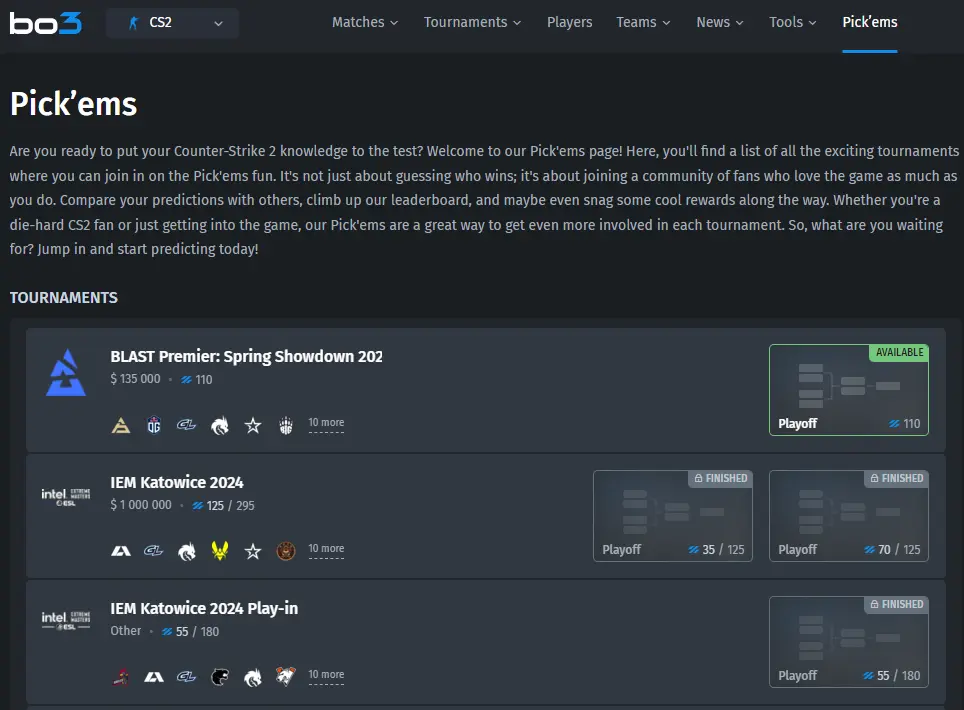 Bo3 Pickems tournaments