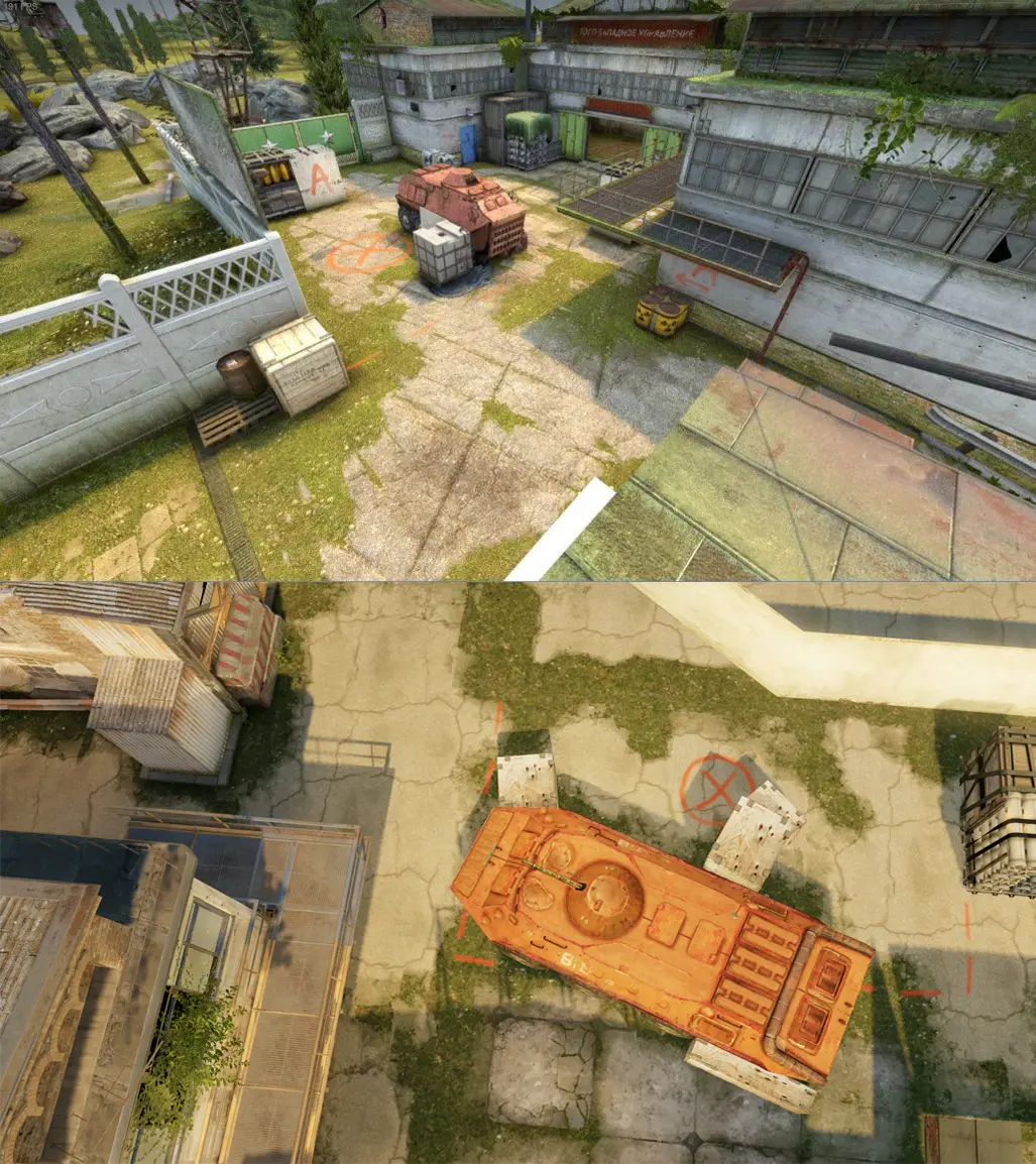 Oben ist das neueste Kartenupdate in CS:GO zu sehen, unten ist der umgestaltete Teil auf Source 2  