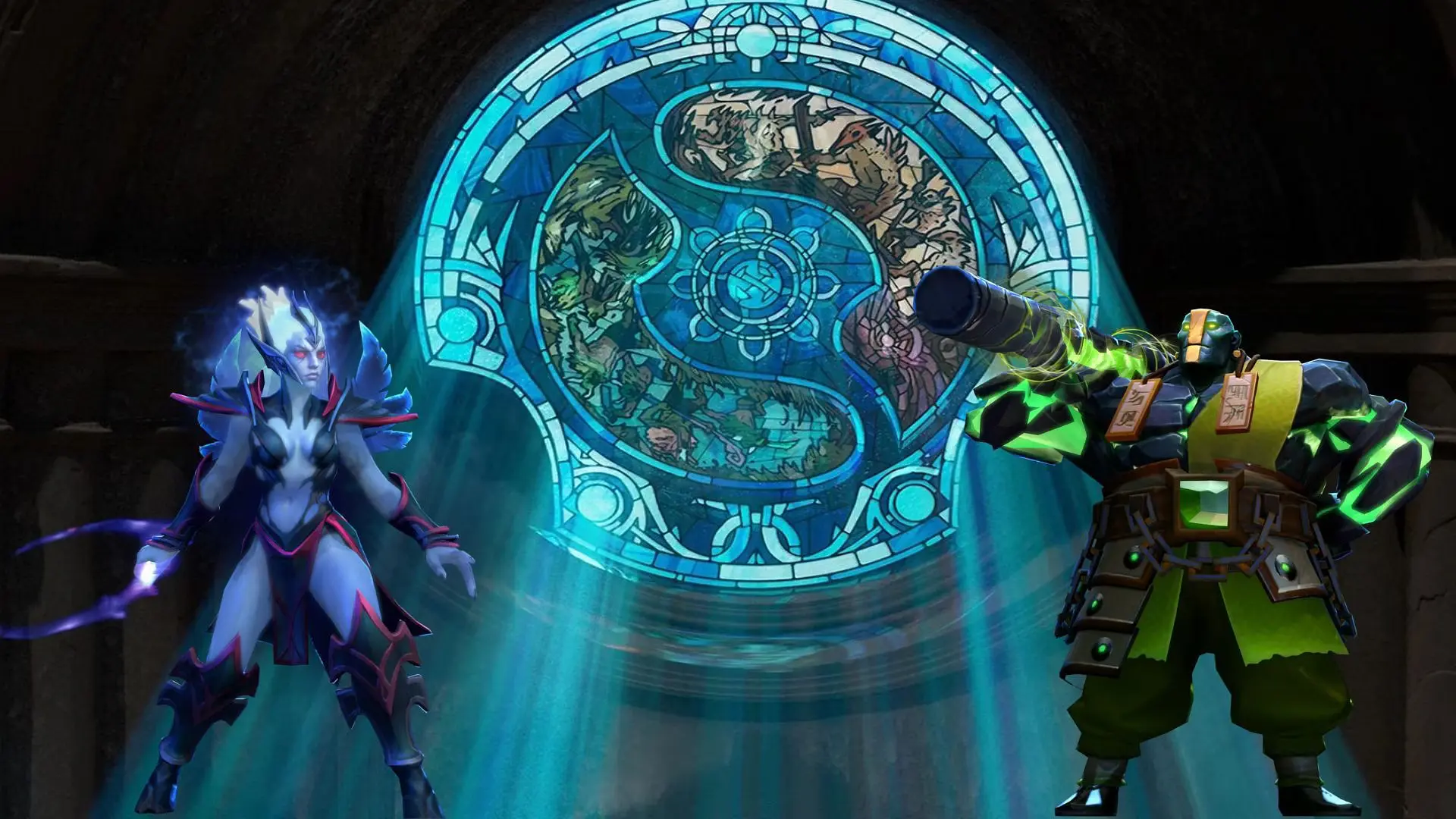 Vengeful Spirit and Earth Spirit in front of the TI12 Aegis (Image via Valve/Sportskeeda)