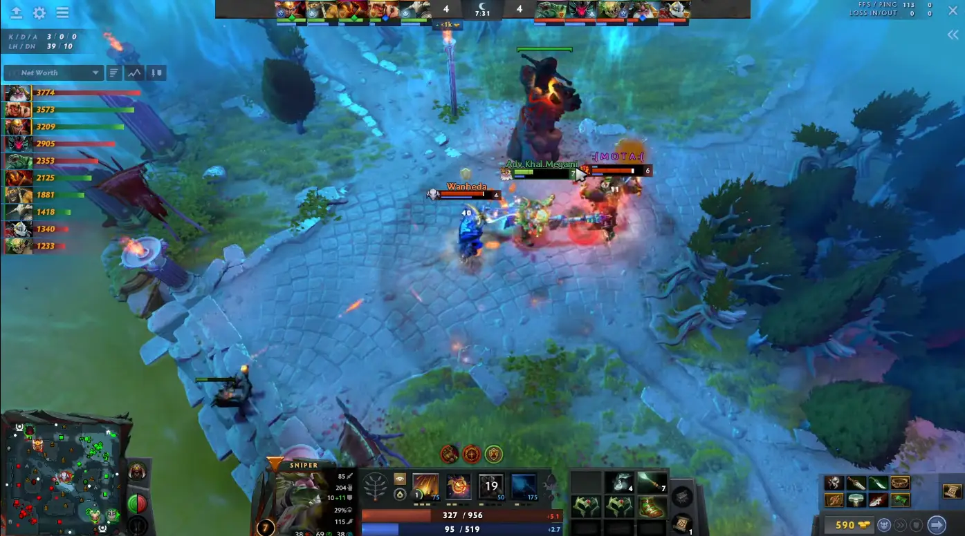 Sven and Troll Warlord are trying to kill Sniper under T1