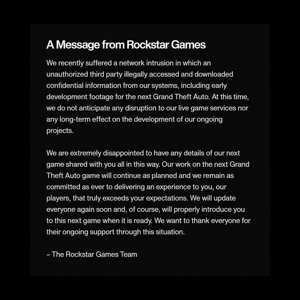 Rockstar Games Massage about GTA 6 Leaks