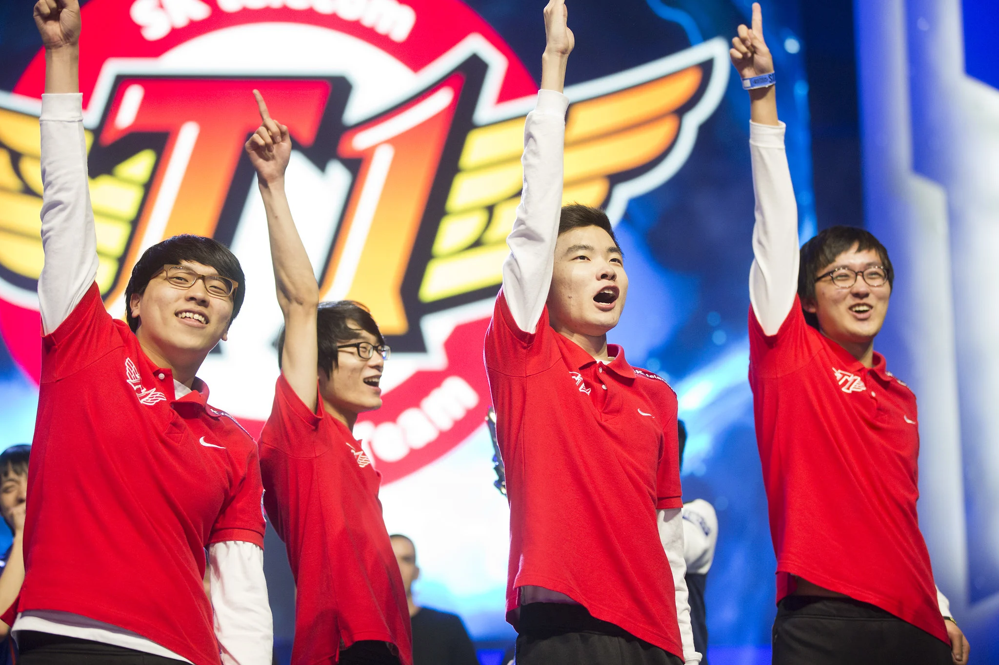 SKT feiert den Worlds-Sieg. Bild via Riot Games<br>