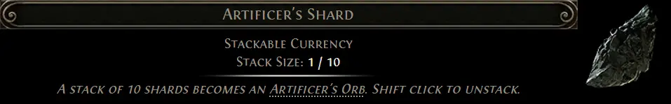 Как выглядит Artificer's Shard, для создания Artificer's Orb вам понадобится 10 таких осколков. Source: POE2 Database