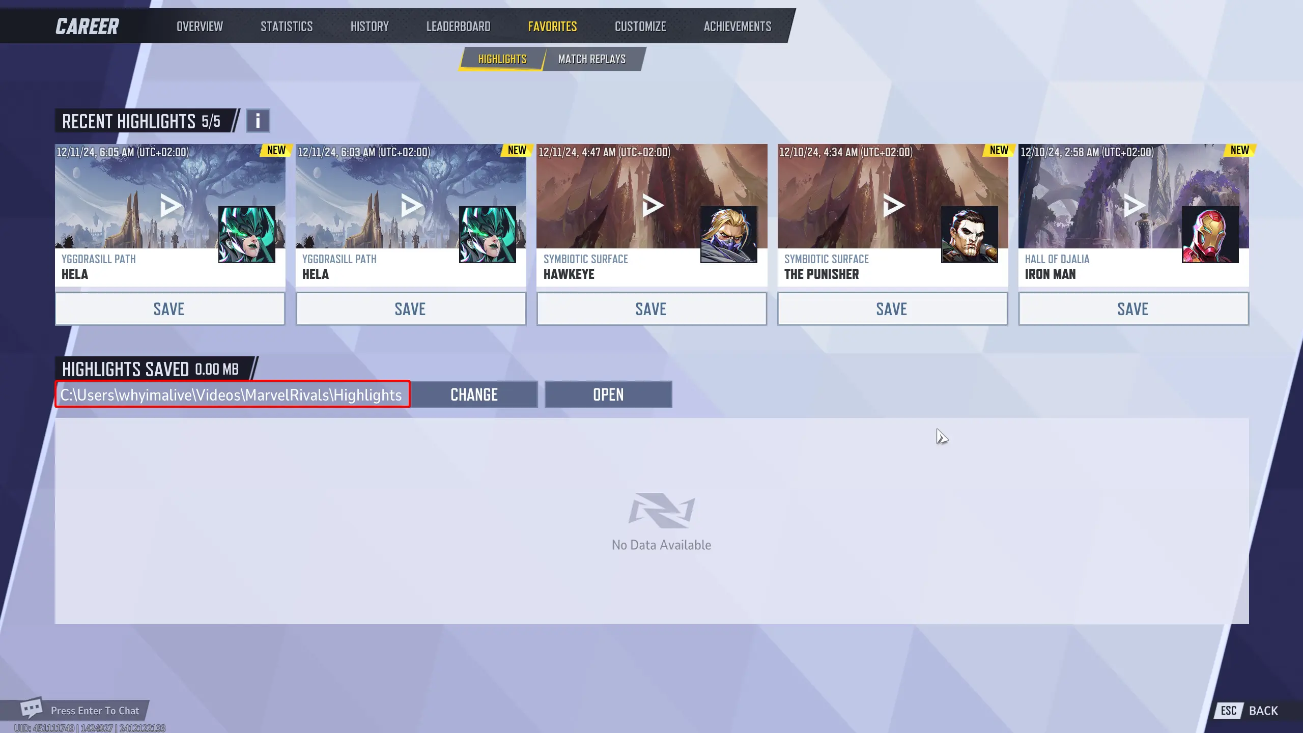 The path on the computer to the saved highlight and two buttons: Change [Path] and Open [Folder]. Source: bo3.gg
