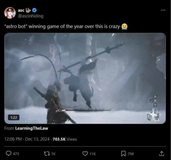 X/Twitter user in disbelief over Astro Bot's win.