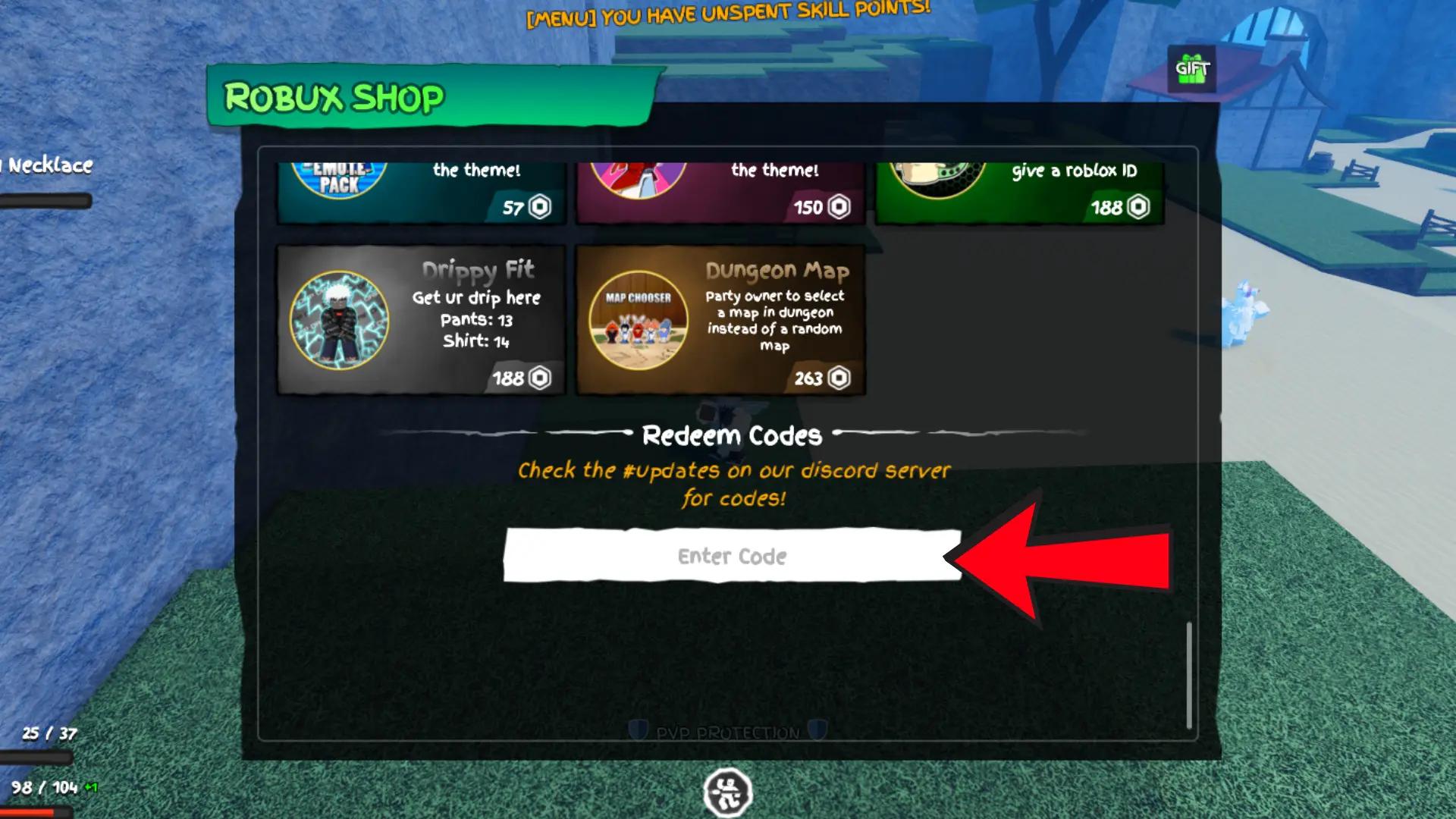 Scroll below to find the code redemption feature.
