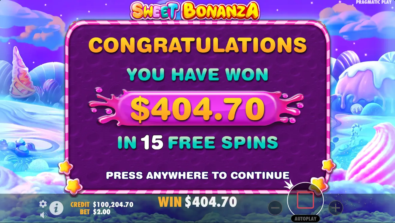 Victoire avec des tours gratuits dans Sweet Bonanza