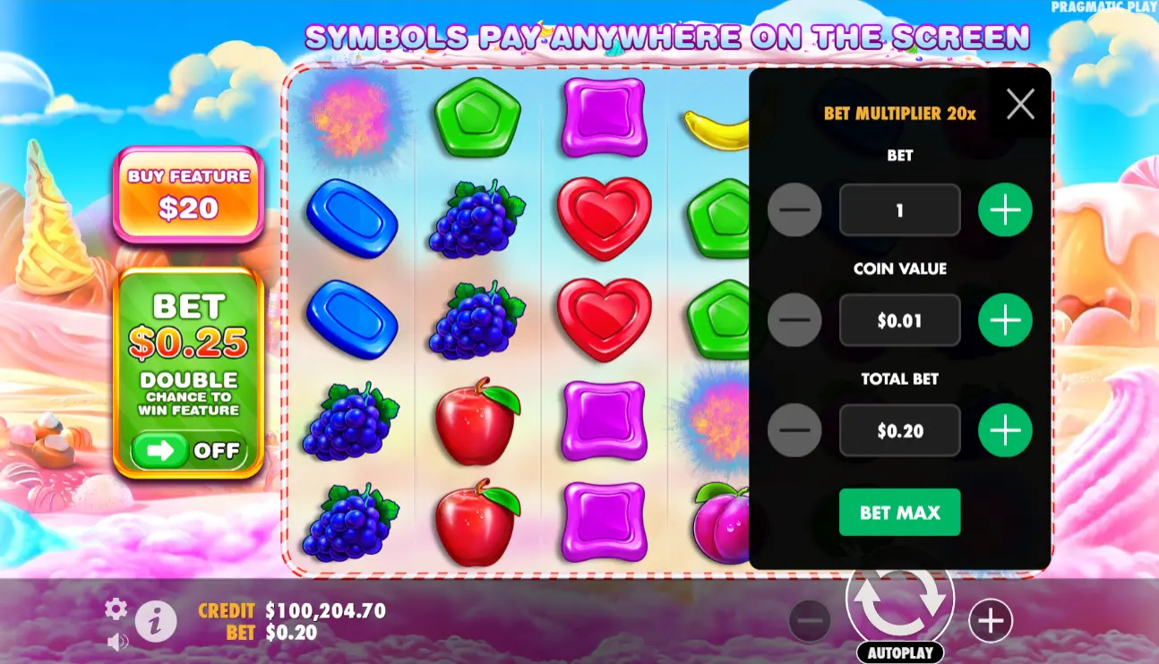 Menu des mises dans Sweet Bonanza