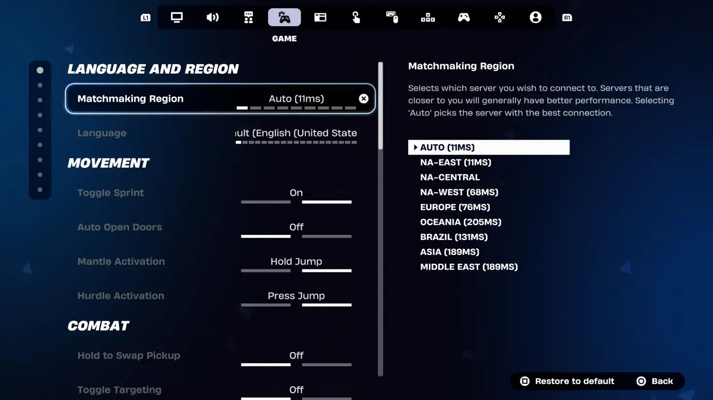Changer de région dans les paramètres de Fortnite