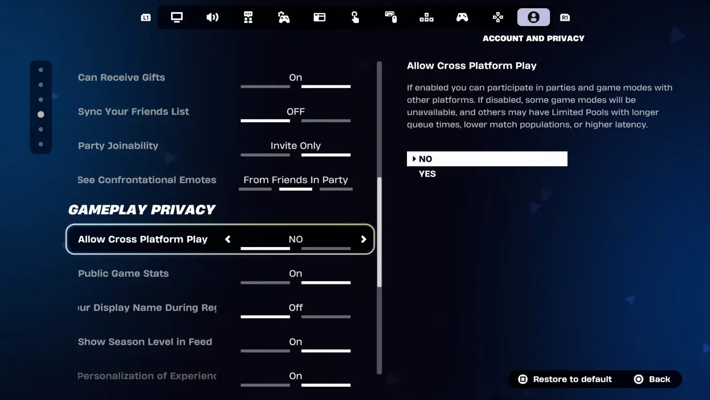 Désactivez le jeu multiplateforme dans les paramètres de Fortnite