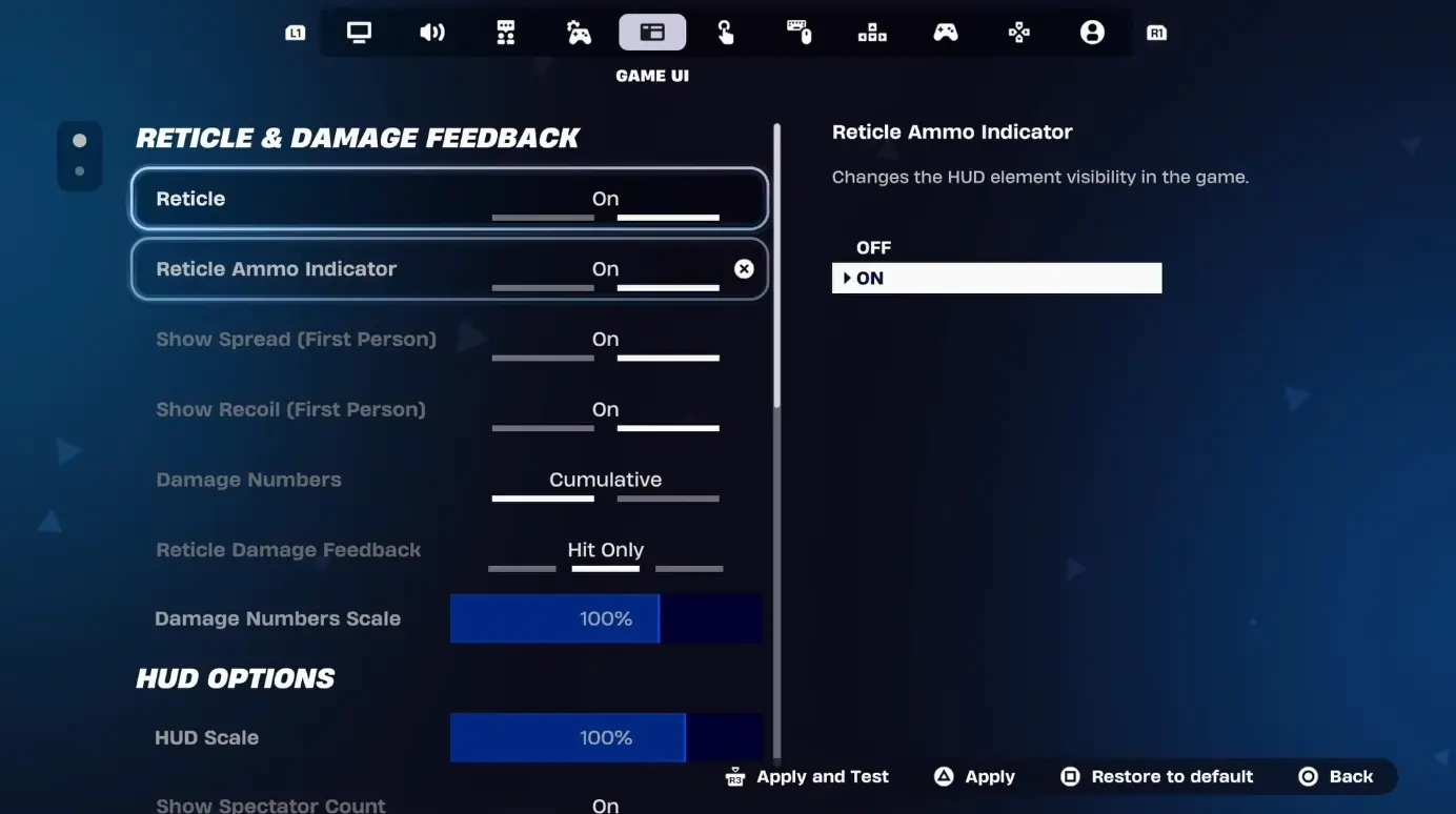 Categoría de Interfaz del Juego en la configuración de Fortnite
