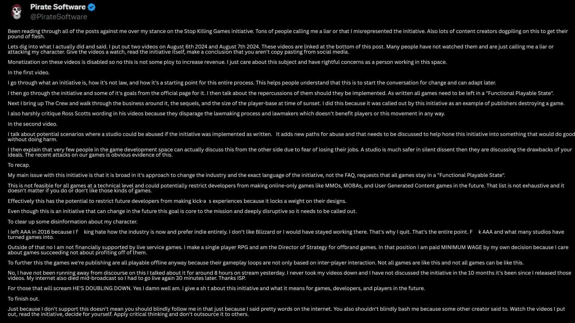 Criticism of Stop Killing Games by Pirate Software on Reddit