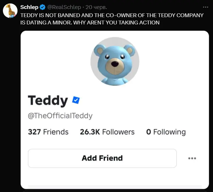 Schlep об аккаунте&nbsp;TheOfficiaITeddy в Roblox