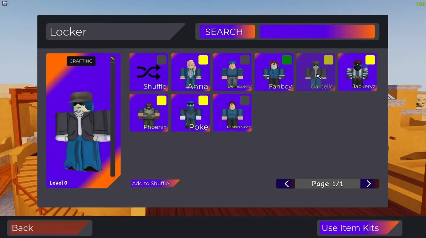 Menu trang phục trong Roblox Arsenal