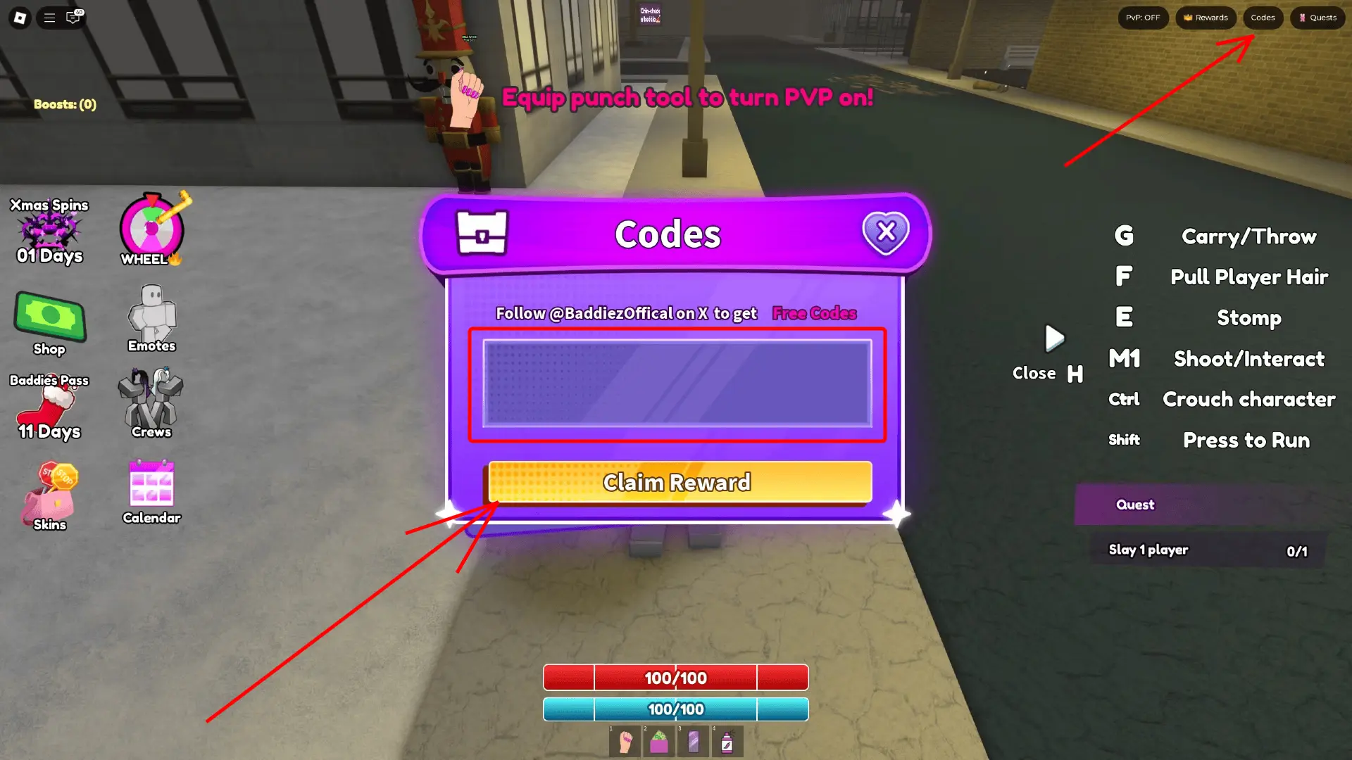Введення кодів у&nbsp;Baddies Roblox