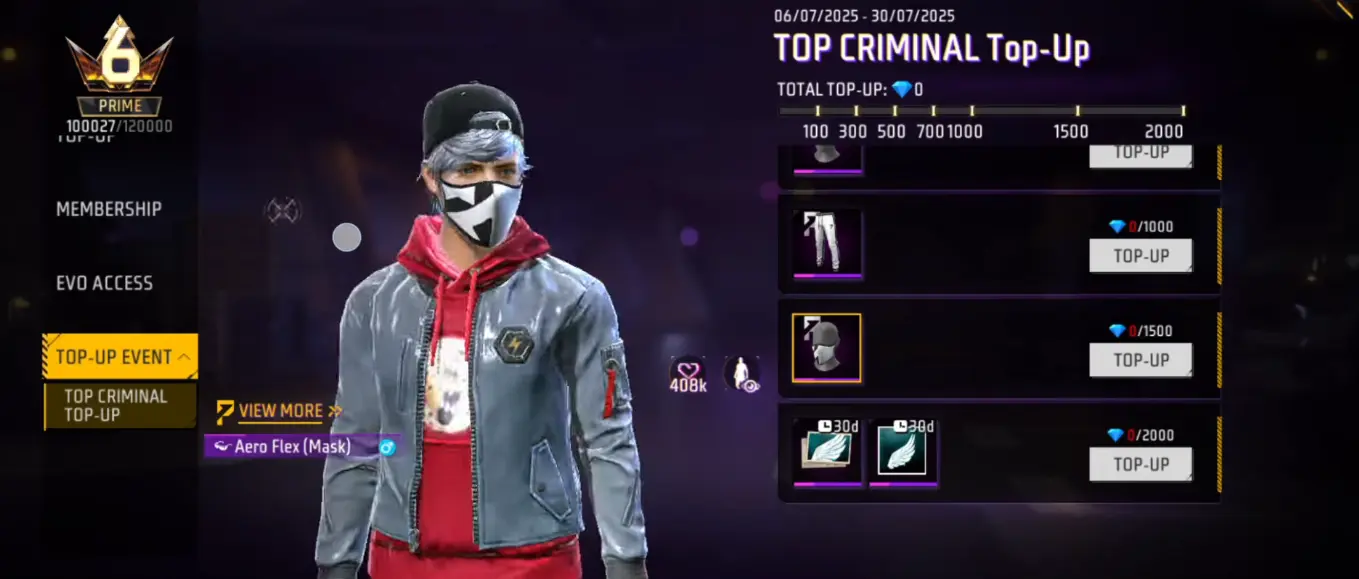 Награды Top Criminal Top-Up в Free Fire MAX