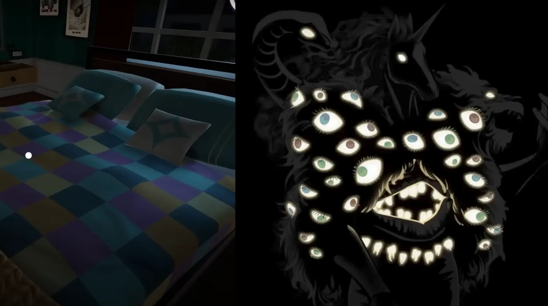 click the bed to sleep (left), Nightmare (right)