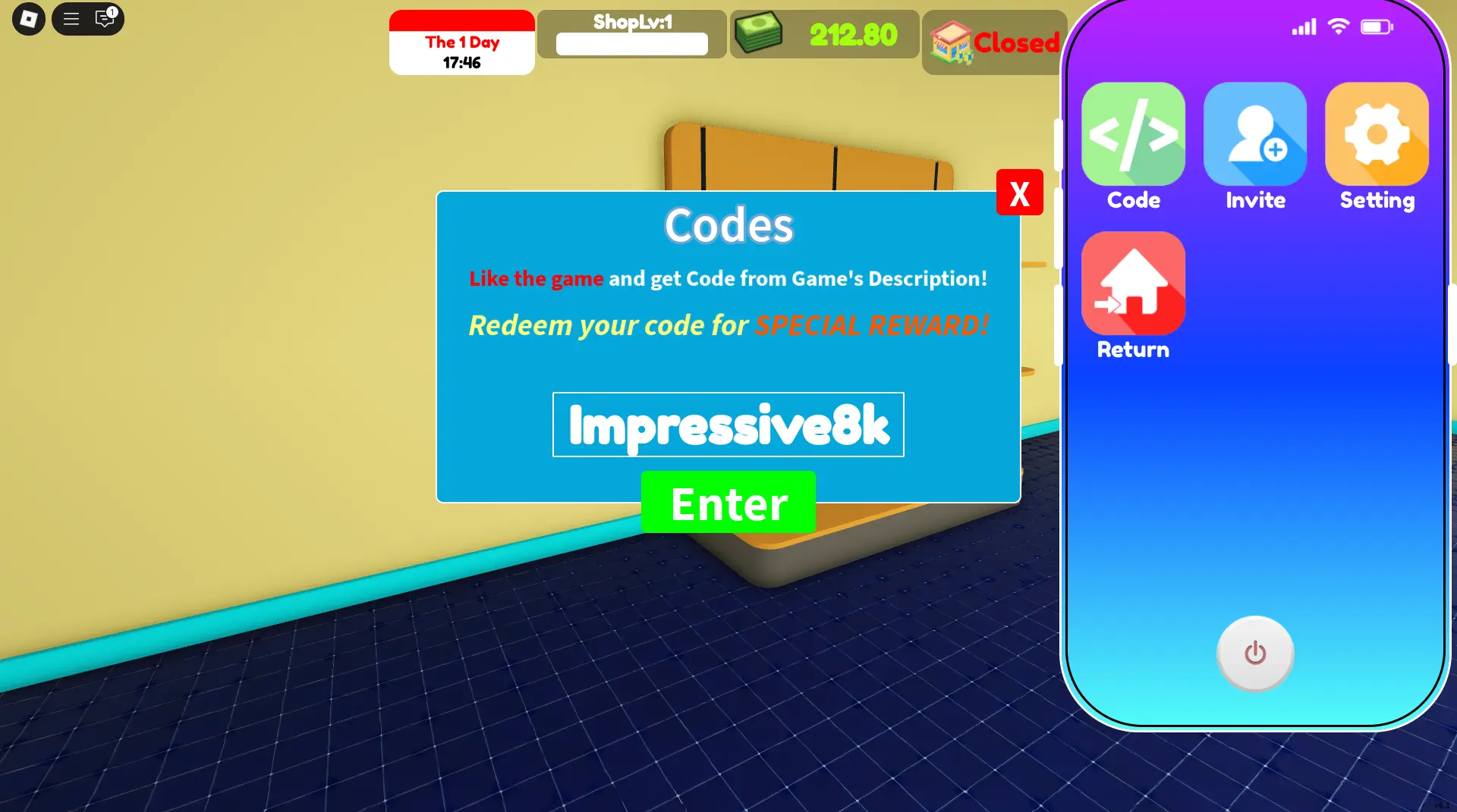 How to enter a code in Popmarket Simulator