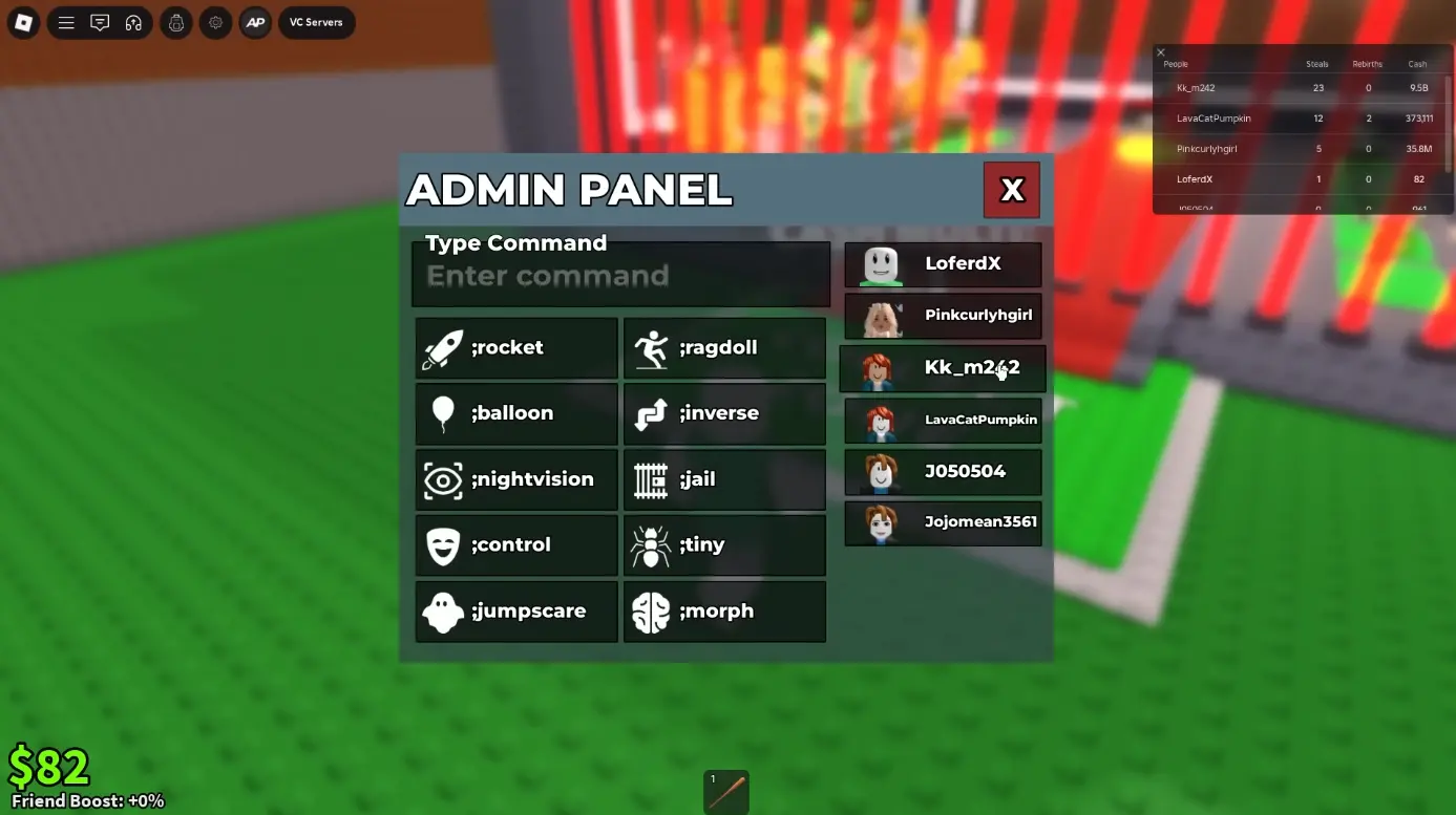 Admin panel funktionalitet i&nbsp;Steal a Brainrot