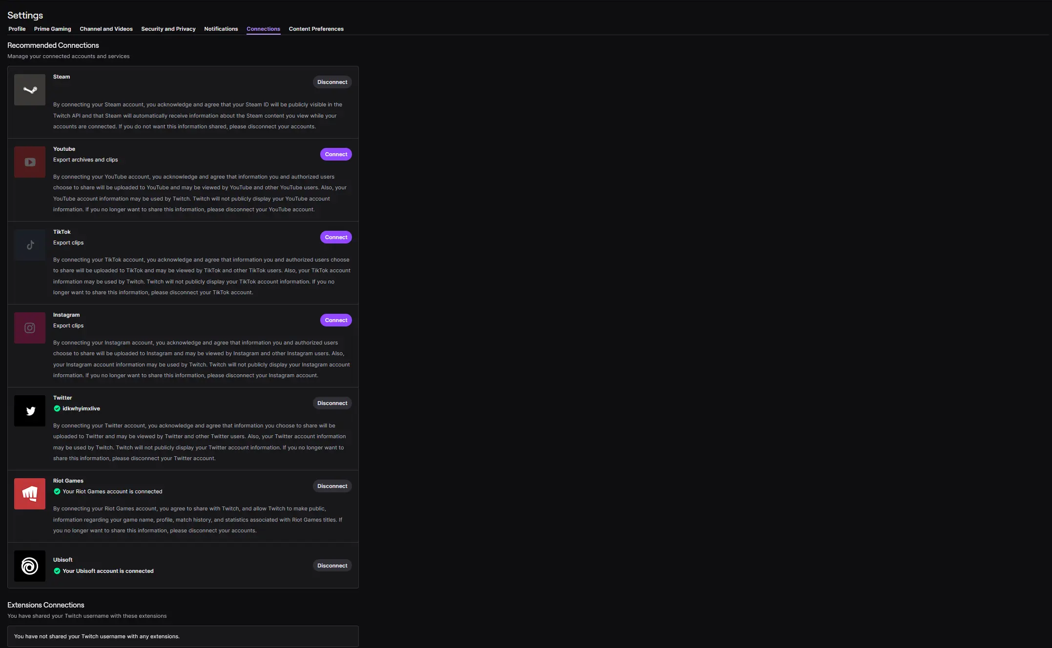 Connections page in Twitch settings