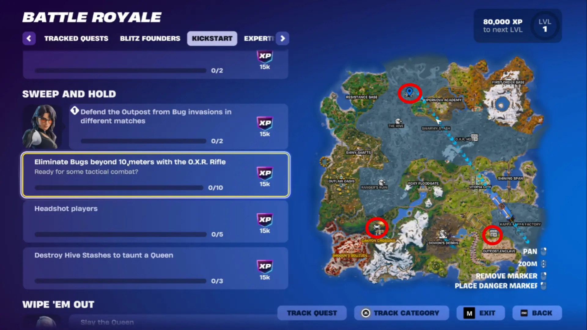 Mapa na may mga lokasyon ng outpost na puno ng bugs sa Fortnite