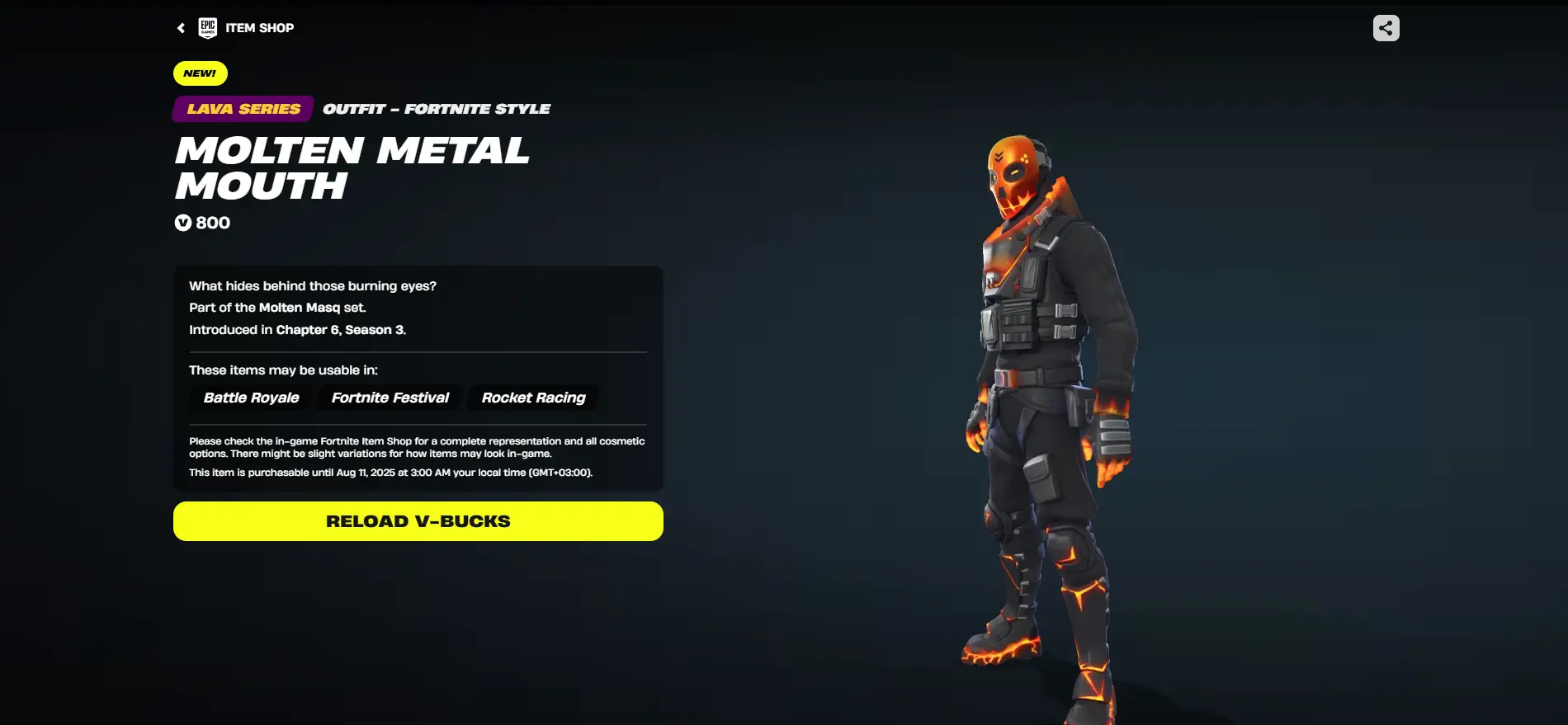 Molten Metal Mouth in the Fortnite Item Web Shop