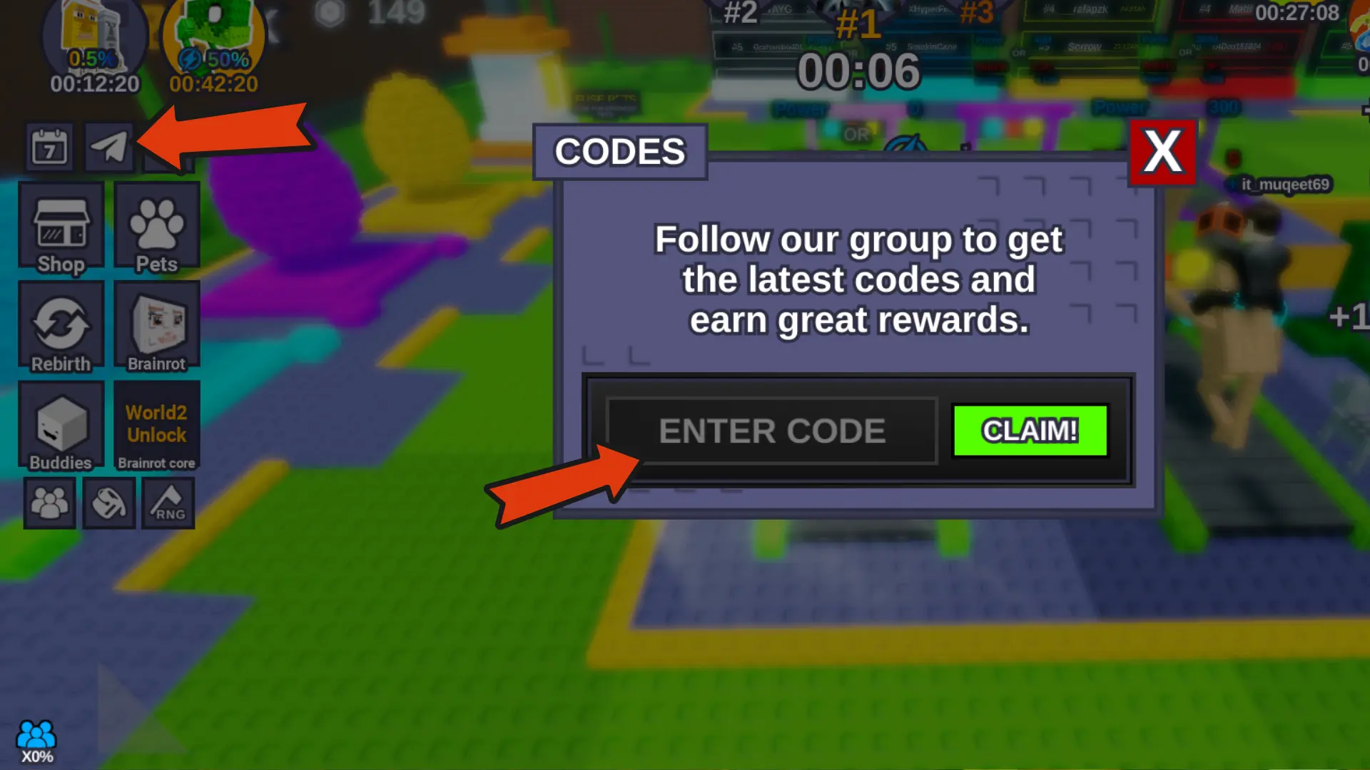 Как активировать коды в Roblox's Brainrot Training