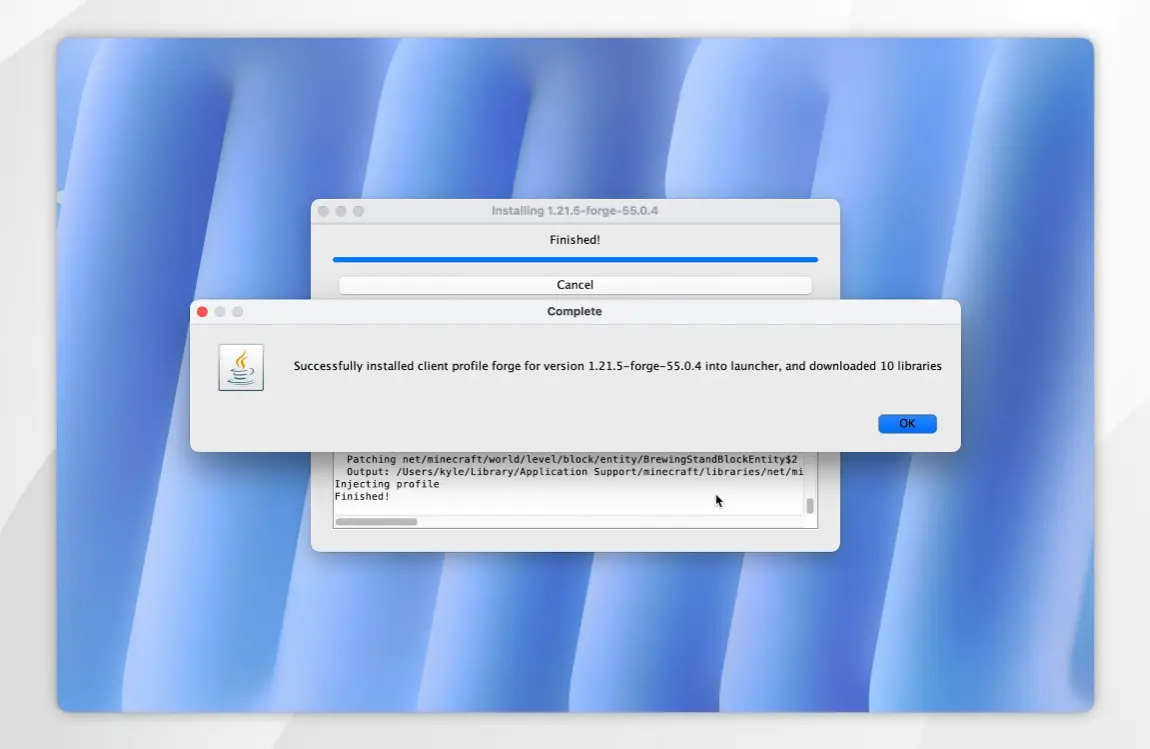 Matagumpay na pag-install ng Forge sa MacOS